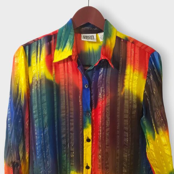 Chico's Design Silk Metallic Sheer Rainbow Stripe Button Up Blouse Sz 0=Sm Artsy - Picture 2 of 14